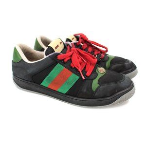 Gucci Screener GG Webbed Black Suede Red Lace Tie Skate Sneakers 6 Shoes FLAWS